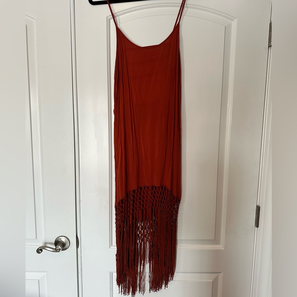 Red Rust Fringe Bathing Suit Coverup Dress